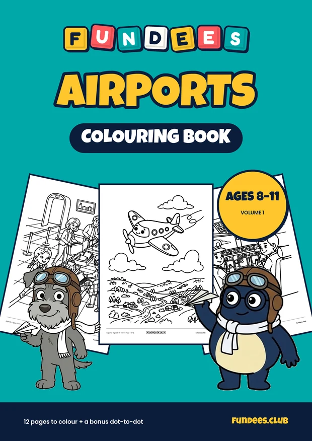 Airports coloring book cover, Ages 8–11, volume 1