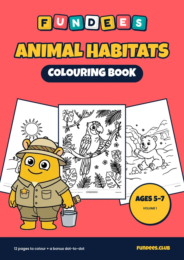 Animal Habitats coloring book cover, Ages 5–7, volume 1