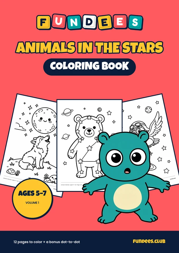 Animals in the Stars coloring book cover, Ages 5–7, volume 1