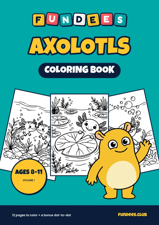 Axolotls coloring book cover, Ages 8–11, volume 1