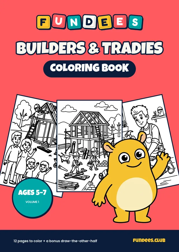 Builders & Tradies coloring book cover, Ages 5–7, volume 1