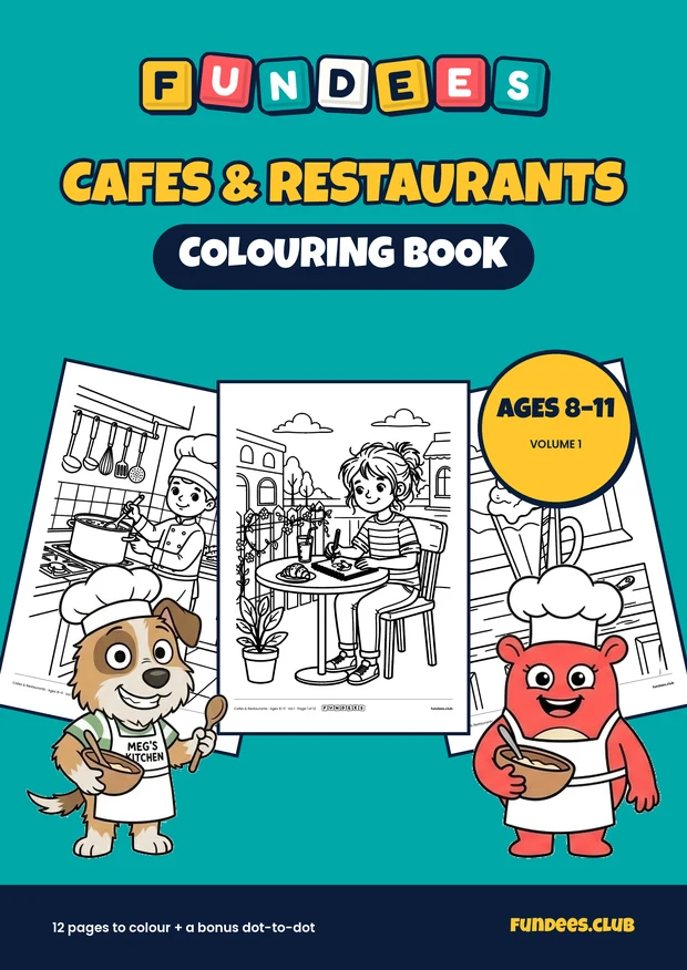 Cafes & Restaurants coloring book cover, Ages 8–11, volume 1