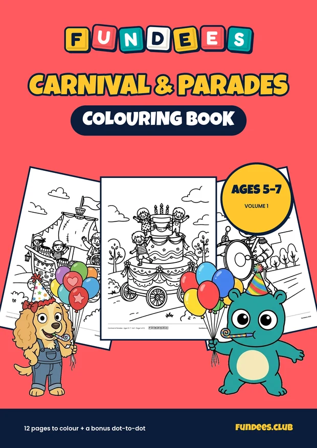 Carnival & Parades coloring book cover, Ages 5–7, volume 1