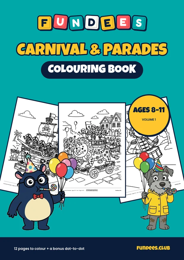 Carnival & Parades coloring book cover, Ages 8–11, volume 1