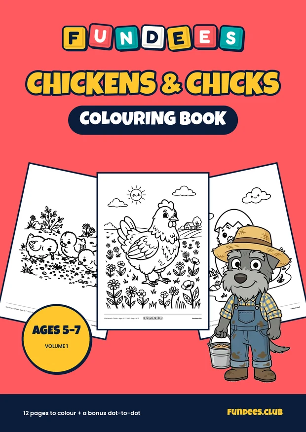 Chickens & Chicks coloring book cover, Ages 5–7, volume 1