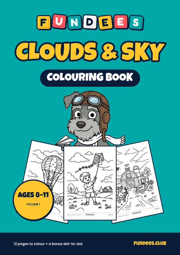 Clouds & Sky coloring book cover, Ages 8–11, volume 1