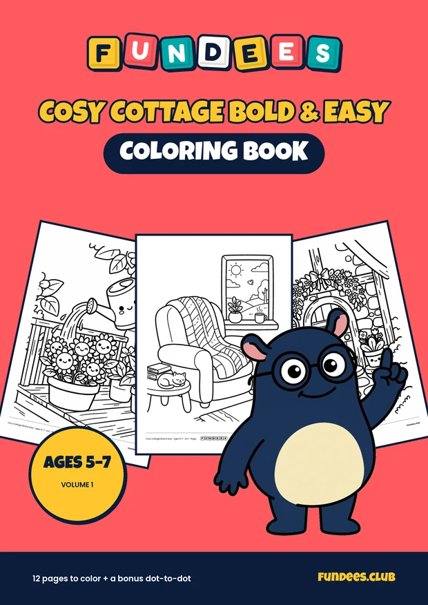 Cosy Cottage Bold & Easy coloring book cover, Ages 5–7, volume 1