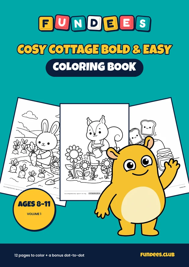 Cosy Cottage Bold & Easy coloring book cover, Ages 8–11, volume 1