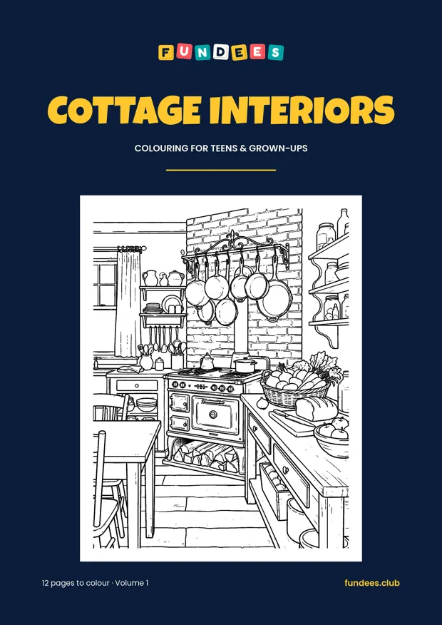 Cottage Interiors coloring book cover, Teens & grown-ups, volume 1