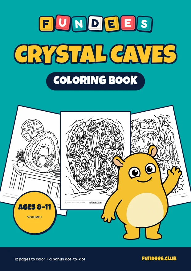 Crystal Caves coloring book cover, Ages 8–11, volume 1