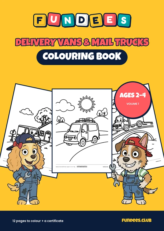Delivery Vans & Mail Trucks coloring book cover, Ages 2–4, volume 1