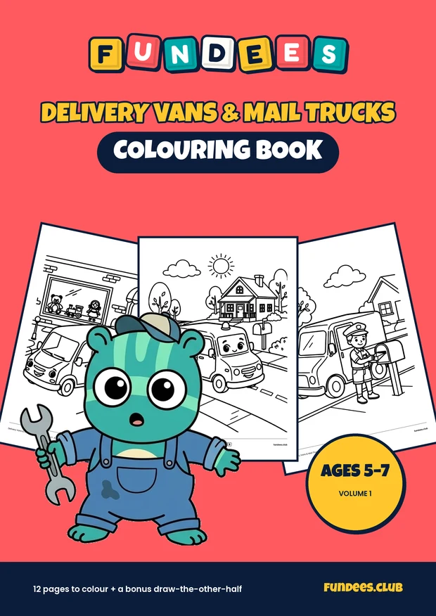 Delivery Vans & Mail Trucks coloring book cover, Ages 5–7, volume 1