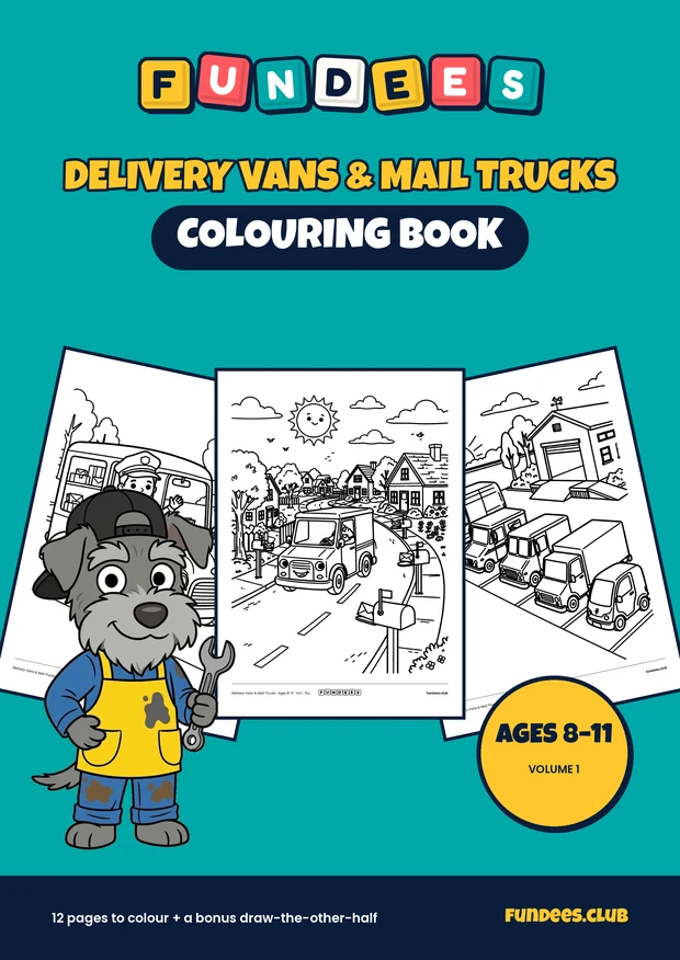 Delivery Vans & Mail Trucks coloring book cover, Ages 8–11, volume 1