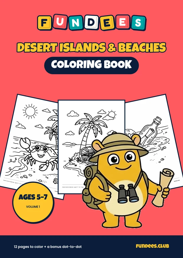 Desert Islands & Beaches coloring book cover, Ages 5–7, volume 1