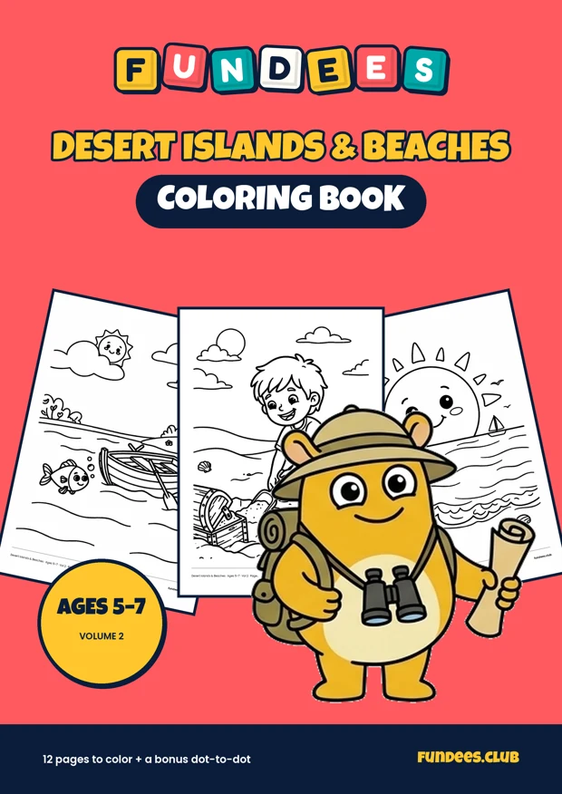 Desert Islands & Beaches coloring book cover, Ages 5–7, volume 2
