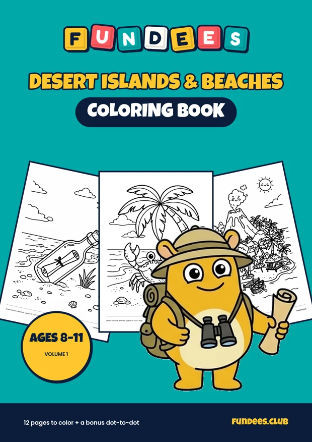 Desert Islands & Beaches coloring book cover, Ages 8–11, volume 1