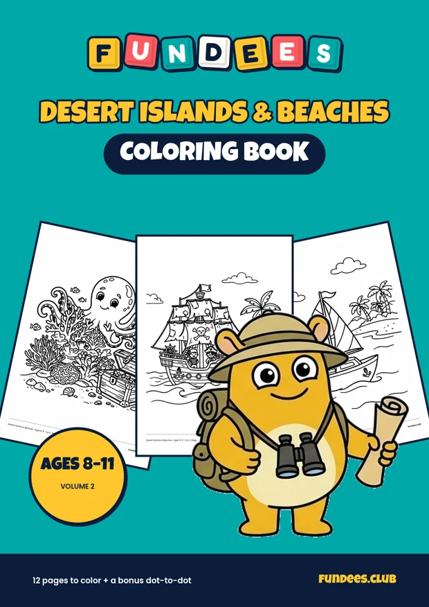 Desert Islands & Beaches coloring book cover, Ages 8–11, volume 2