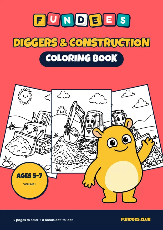 Diggers & Construction coloring book cover, Ages 5–7, volume 1