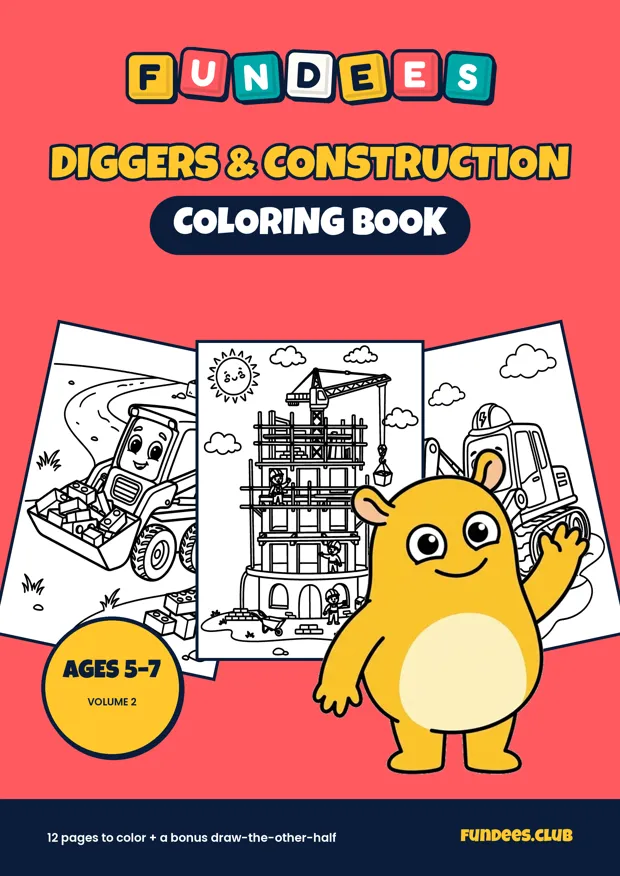 Diggers & Construction coloring book cover, Ages 5–7, volume 2