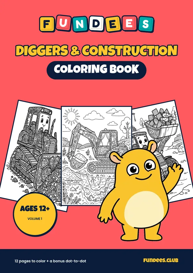 Diggers & Construction coloring book cover, Ages 12+, volume 1