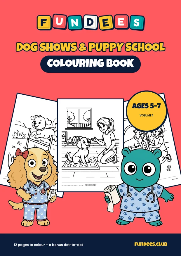 Dog Shows & Puppy School coloring book cover, Ages 5–7, volume 1