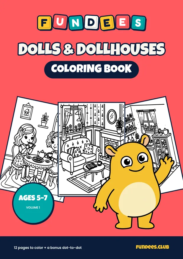 Dolls & Dollhouses coloring book cover, Ages 5–7, volume 1