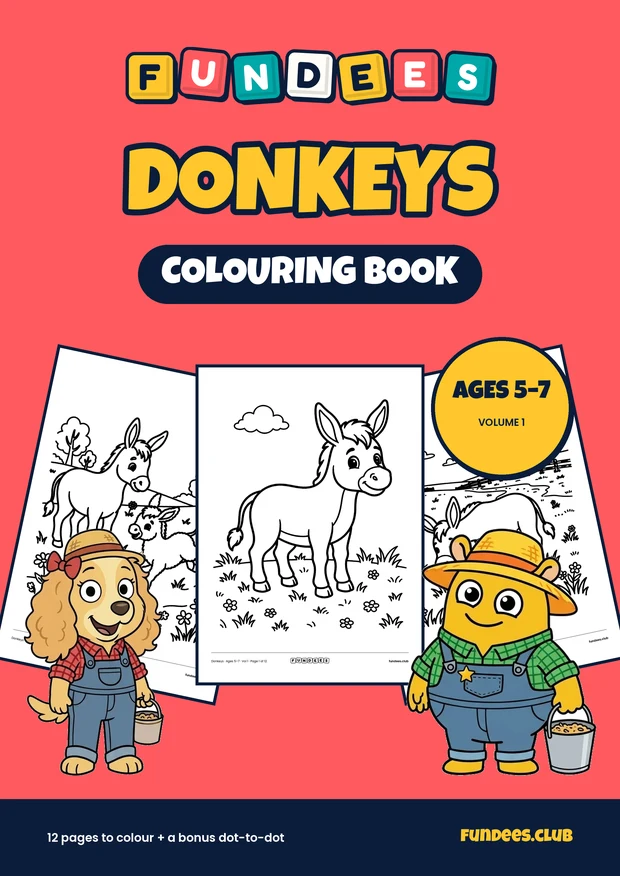 Donkeys coloring book cover, Ages 5–7, volume 1