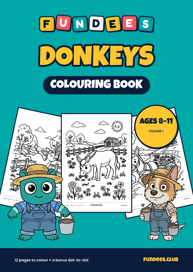 Donkeys coloring book cover, Ages 8–11, volume 1