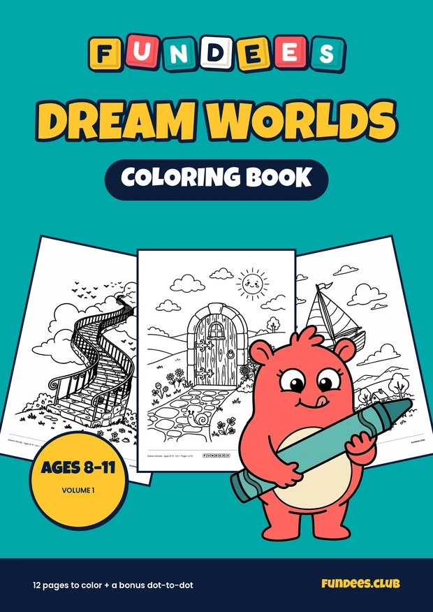 Dream Worlds coloring book cover, Ages 8–11, volume 1