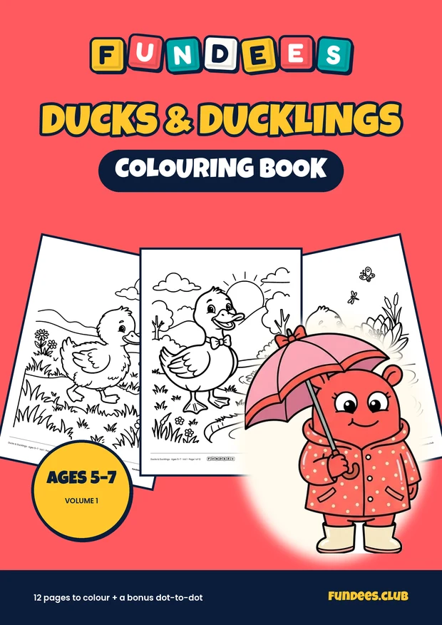 Ducks & Ducklings coloring book cover, Ages 5–7, volume 1