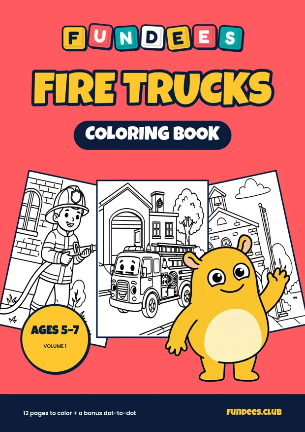 Fire Trucks coloring book cover, Ages 5–7, volume 1