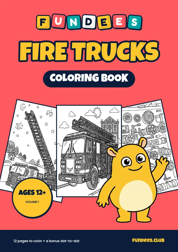 Fire Trucks coloring book cover, Ages 12+, volume 1