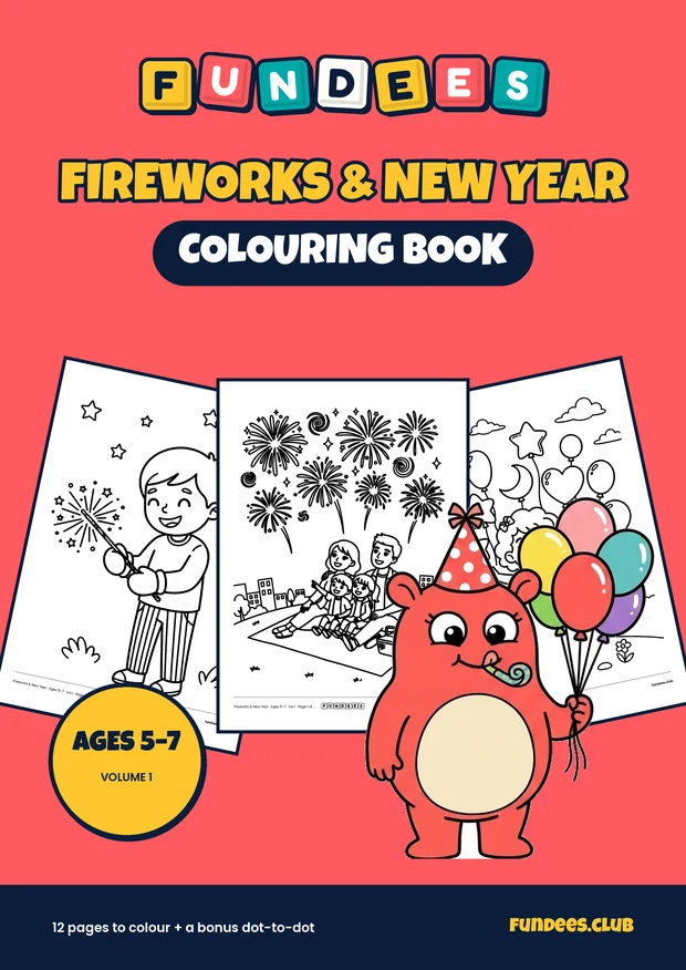 Fireworks & New Year coloring book cover, Ages 5–7, volume 1