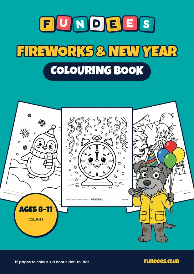 Fireworks & New Year coloring book cover, Ages 8–11, volume 1