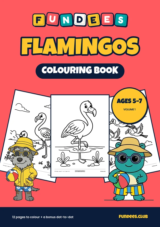 Flamingos coloring book cover, Ages 5–7, volume 1