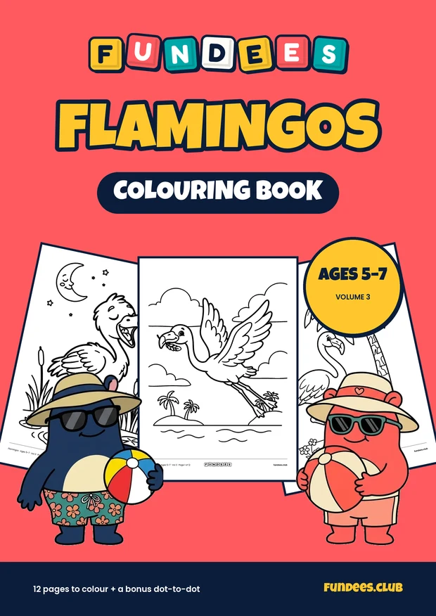 Flamingos coloring book cover, Ages 5–7, volume 3