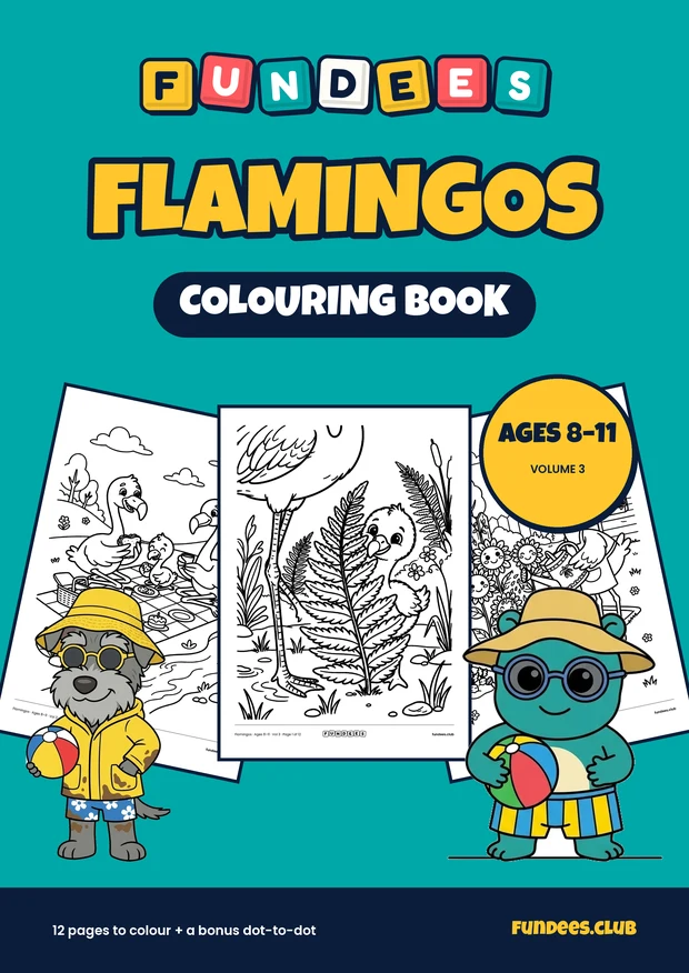 Flamingos coloring book cover, Ages 8–11, volume 3