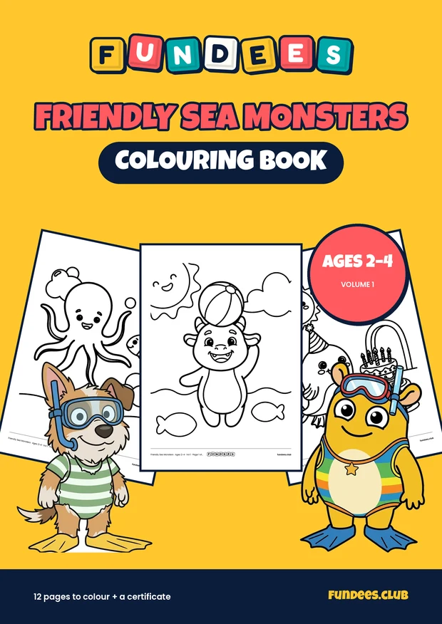 Friendly Sea Monsters coloring book cover, Ages 2–4, volume 1