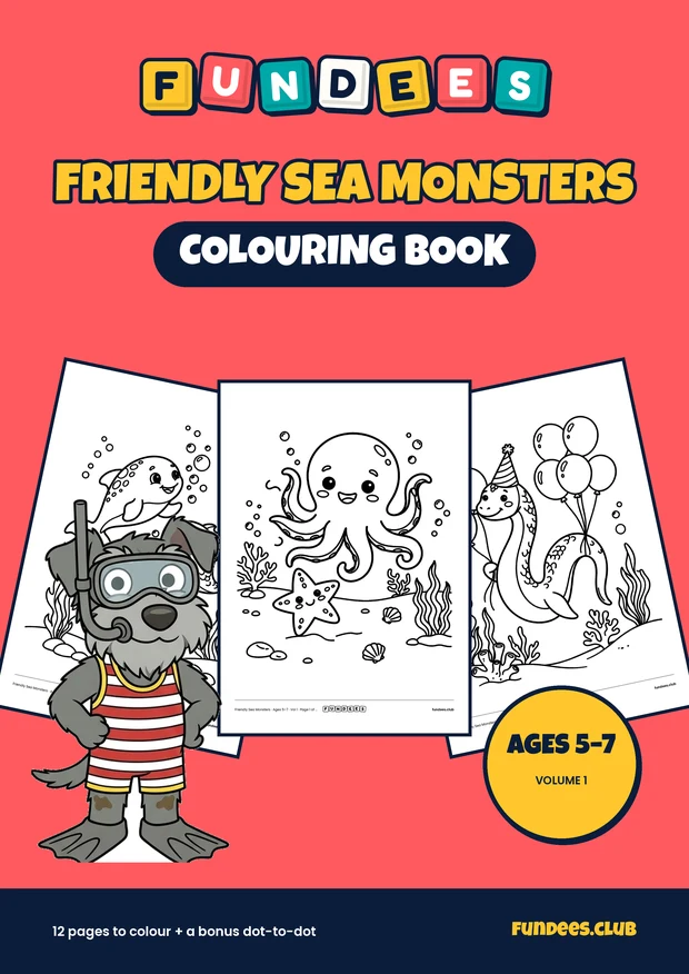 Friendly Sea Monsters coloring book cover, Ages 5–7, volume 1