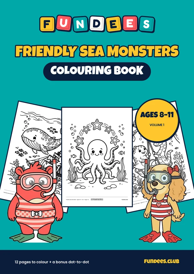 Friendly Sea Monsters coloring book cover, Ages 8–11, volume 1