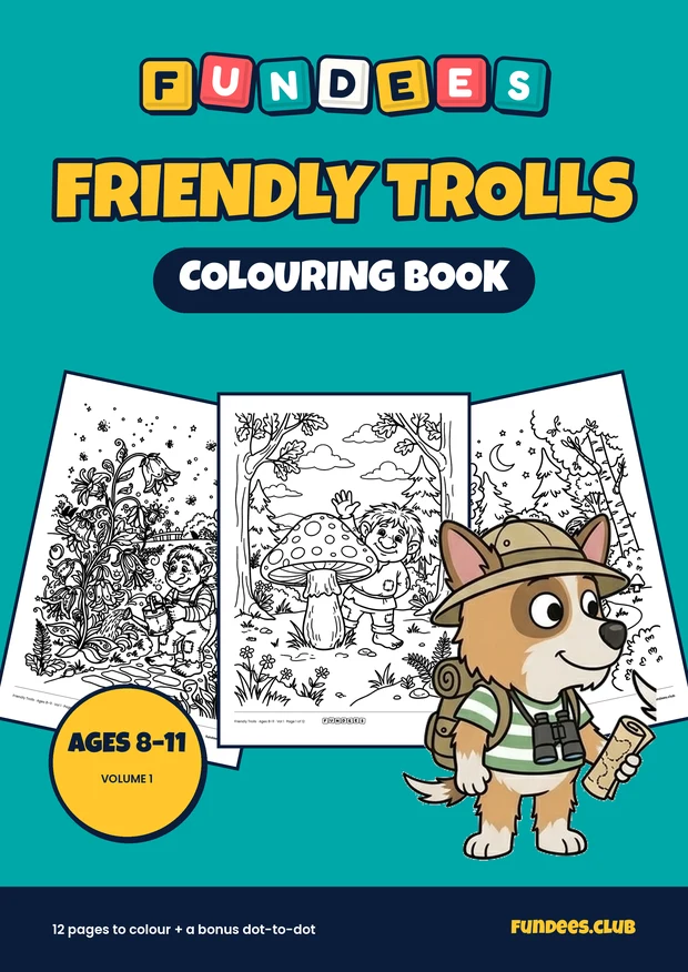 Friendly Trolls coloring book cover, Ages 8–11, volume 1