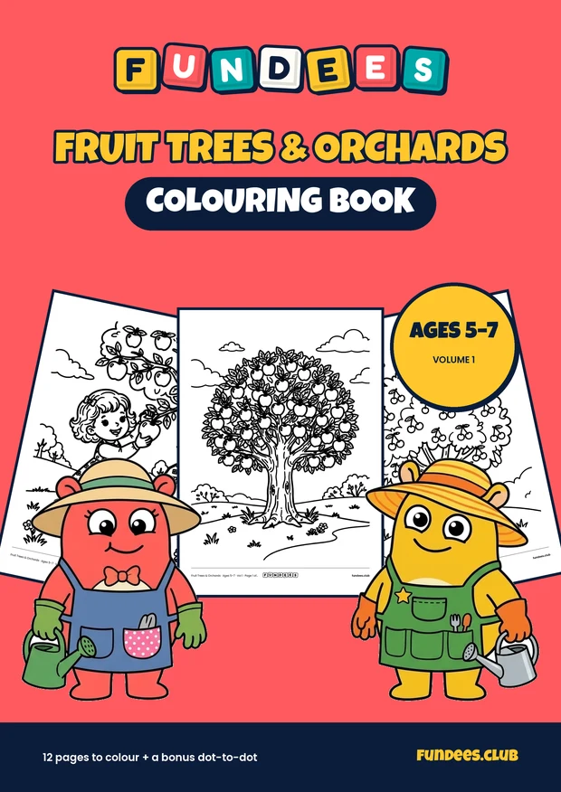 Fruit Trees & Orchards coloring book cover, Ages 5–7, volume 1