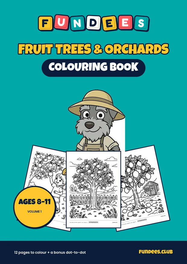 Fruit Trees & Orchards coloring book cover, Ages 8–11, volume 1