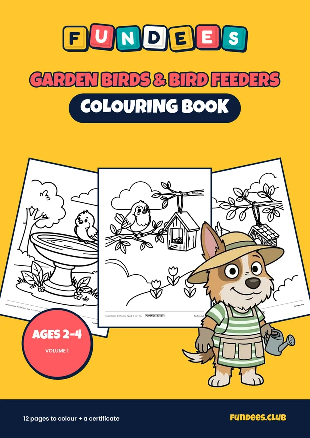 Garden Birds & Bird Feeders coloring book cover, Ages 2–4, volume 1