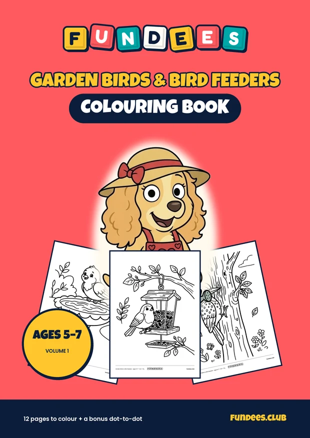 Garden Birds & Bird Feeders coloring book cover, Ages 5–7, volume 1