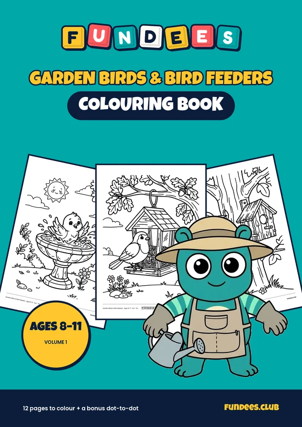 Garden Birds & Bird Feeders coloring book cover, Ages 8–11, volume 1