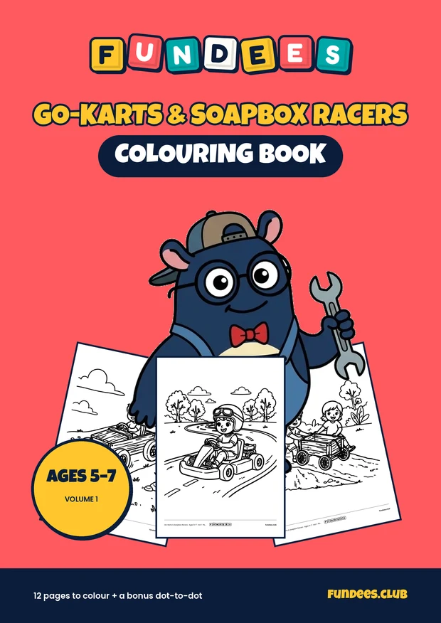 Go-Karts & Soapbox Racers coloring book cover, Ages 5–7, volume 1