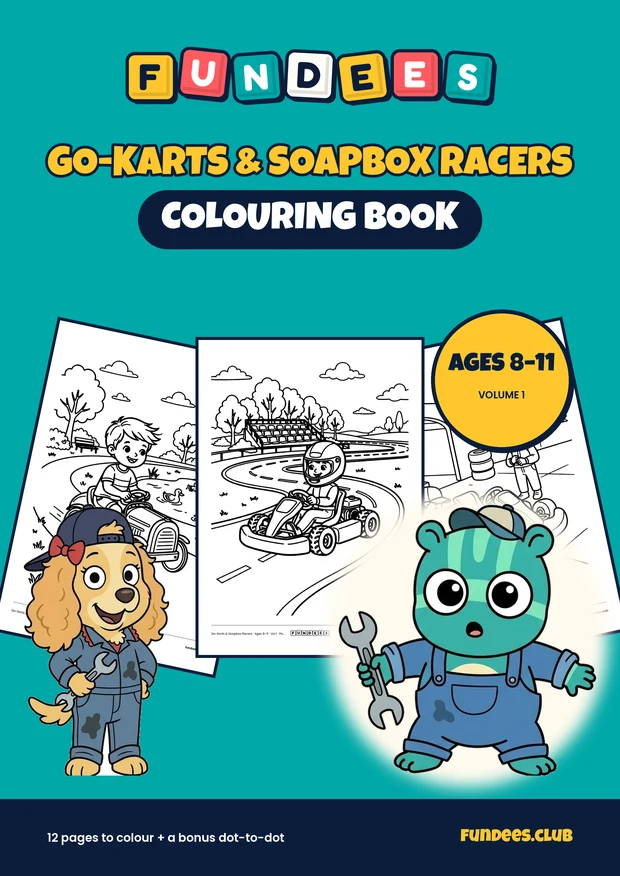Go-Karts & Soapbox Racers coloring book cover, Ages 8–11, volume 1