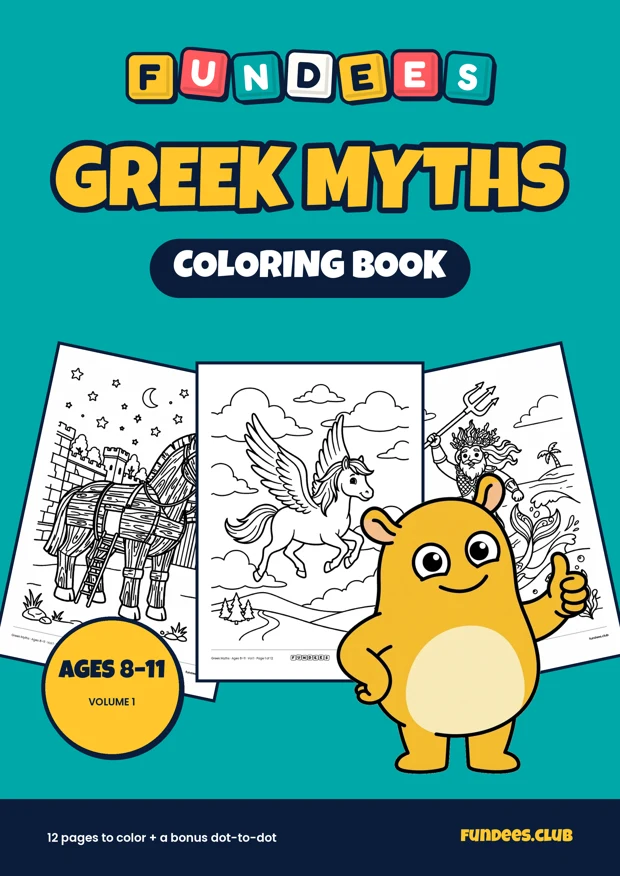 Greek Myths coloring book cover, Ages 8–11, volume 1