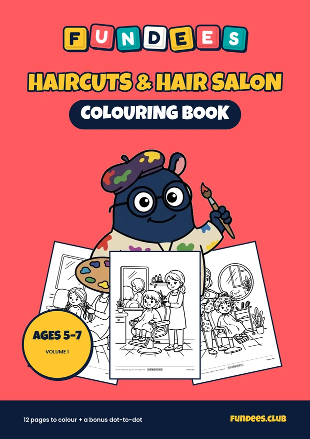 Haircuts & Hair Salon coloring book cover, Ages 5–7, volume 1